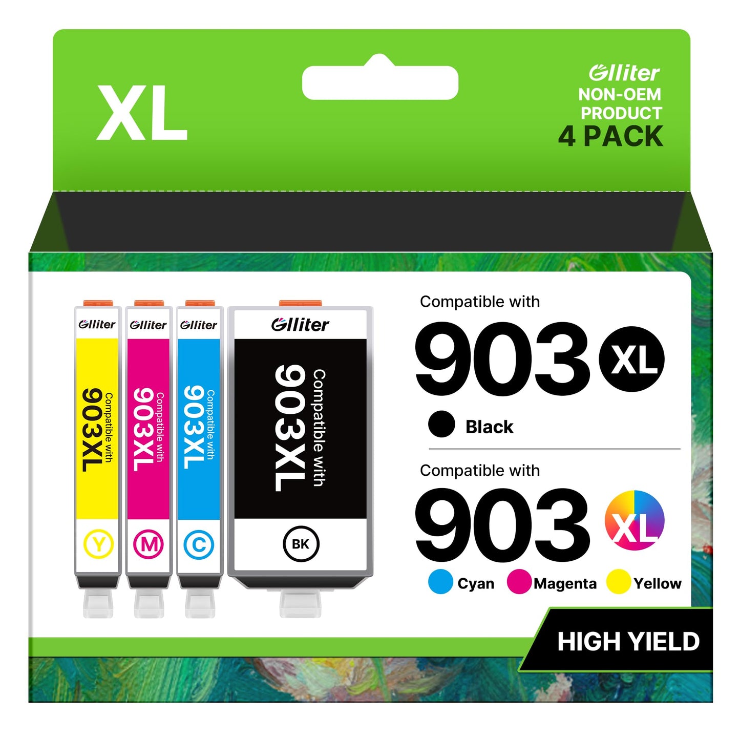 Glliter 903XL Multipack for HP 903 printer cartridges for HP 903 XL. Compatible with HP Officejet 6950 printer cartridges for HP Officejet Pro 6970 6960 6974 (Black Cyan Magenta Yellow, 4-pack)