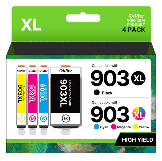 Glliter 903XL Multipack for HP 903 printer cartridges for HP 903 XL. Compatible with HP Officejet 6950 printer cartridges for HP Officejet Pro 6970 6960 6974 (Black Cyan Magenta Yellow, 4-pack)