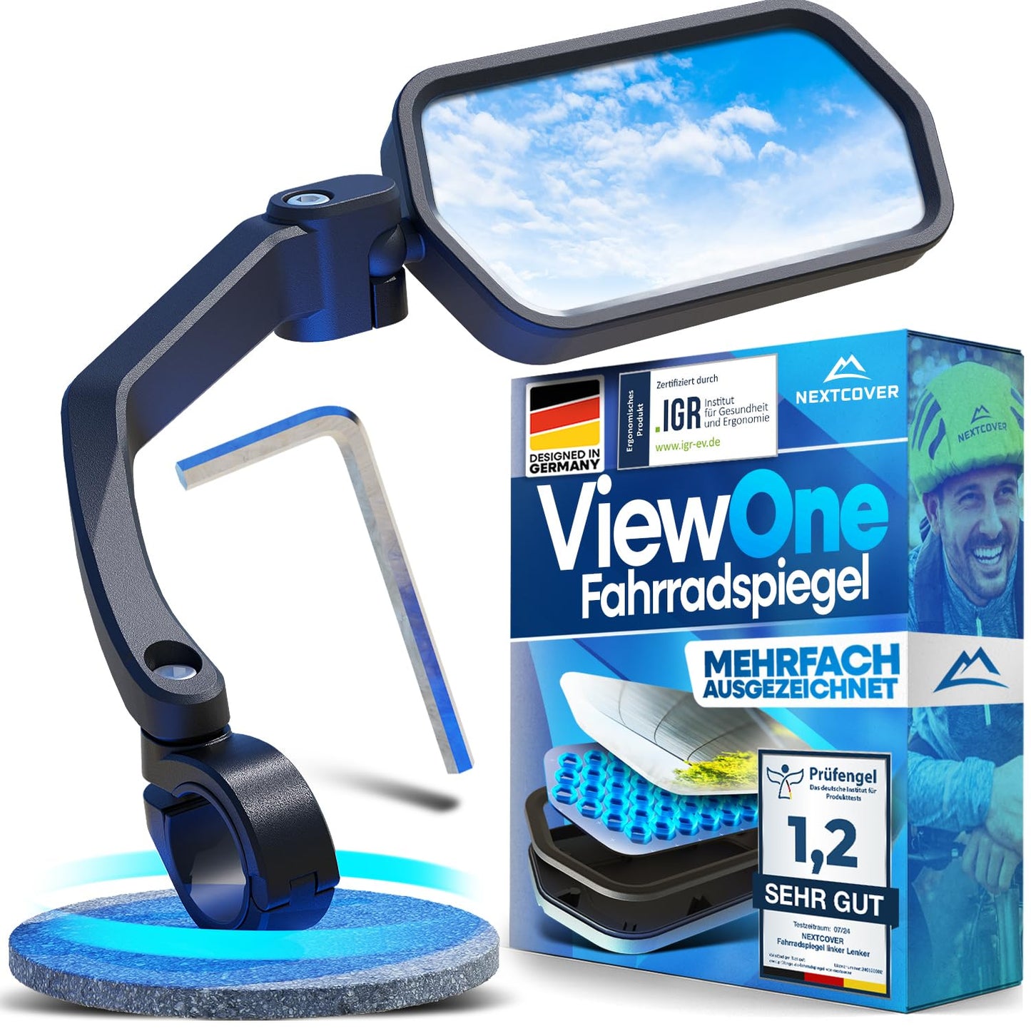 NEXTCOVER® handlebar bike mirror [right] with ProVision real glass I stable bike rearview mirror I mirror right I bike rearview mirror I eBike I EScooter I bike mirror E Bike