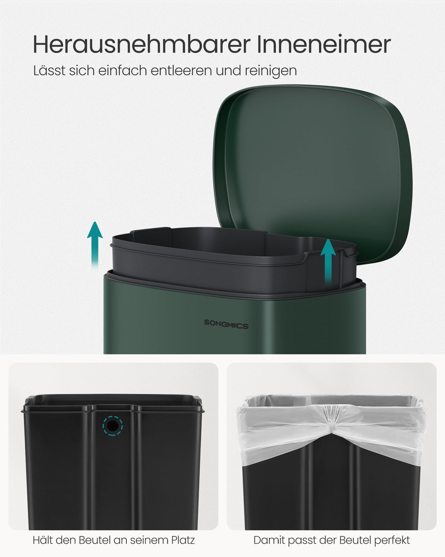 SONGMICS Kitchen Trash Can, 50 liters, Waste Bin, Step Bin, with Lid, Soft Close, Foot Pedal, Steel, Inner Bucket, Vintage Green LTB050C02