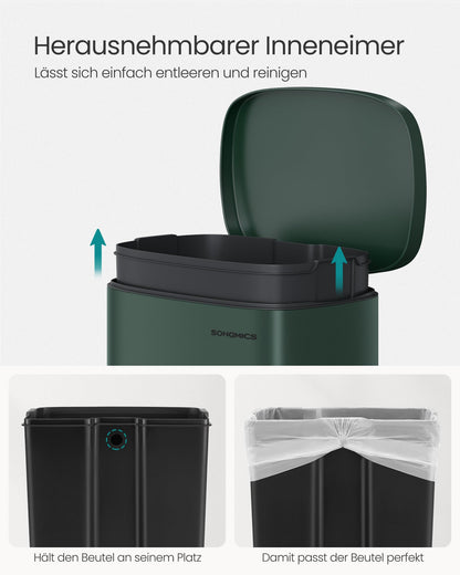 SONGMICS Kitchen Trash Can, 50 liters, Waste Bin, Step Bin, with Lid, Soft Close, Foot Pedal, Steel, Inner Bucket, Vintage Green LTB050C02