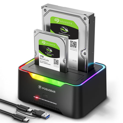 POSUGEAR Hard Drive Docking Station, RGB USB 3.0 Hard Drive Enclosure for 2.5 and 3.5 Inch SATA HDD/SSD, 2 x 20TB Dual Bay HDD Docking Station with Offline Clone Support tool-free and UASP.