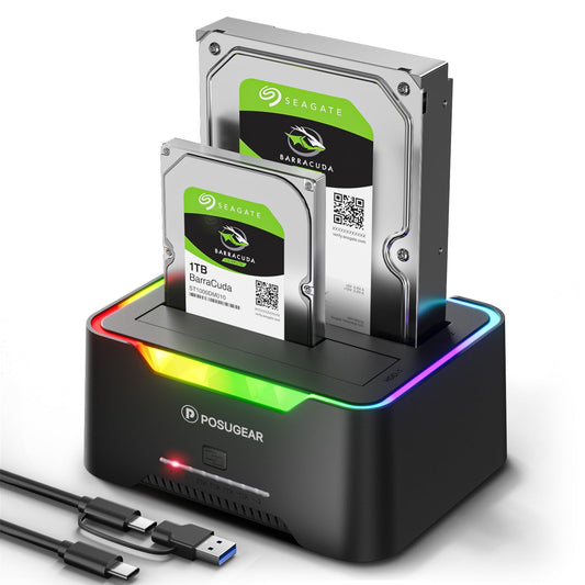 POSUGEAR Hard Drive Docking Station, RGB USB 3.0 Hard Drive Enclosure for 2.5 and 3.5 Inch SATA HDD/SSD, 2 x 20TB Dual Bay HDD Docking Station with Offline Clone Support tool-free and UASP.