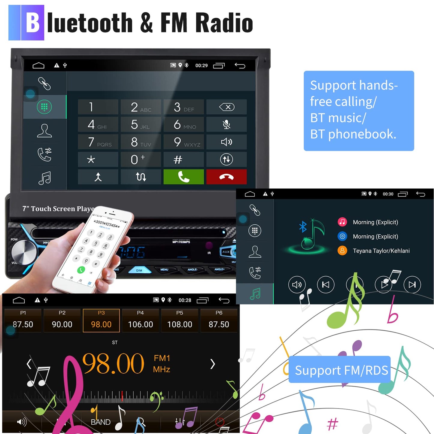 2GB+32GB Android car stereo 1 Din with GPS navigation DVD CD 7 inch Automatic retractable touchscreen DVD car stereo with Bluetooth Mirror Link AM/FM Radio WiFi/USB/AUX/EQ/DAB Radio with rear camera microphone