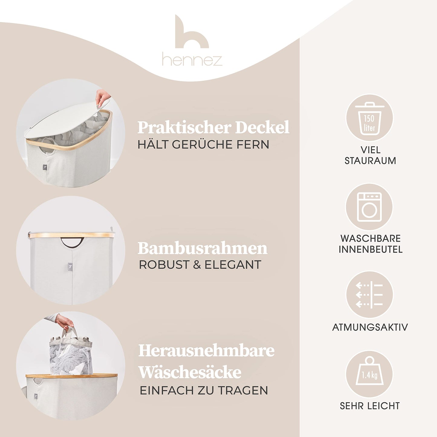 Henno's Laundry Box 150L - Laundry Basket 3 Compartments - Lid - Laundry Sorter with Laundry Bag - Laundry Baskets - Beige Bamboo - Laundry Bin - Laundry Sorting System - Laundry Collector