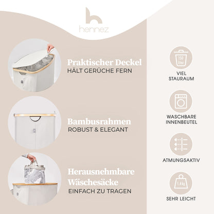 Henno's Laundry Box 150L - Laundry Basket 3 Compartments - Lid - Laundry Sorter with Laundry Bag - Laundry Baskets - Beige Bamboo - Laundry Bin - Laundry Sorting System - Laundry Collector