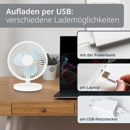 ADE fan very quiet | USB desk fan 3 speeds | battery up to 7.5 h runtime | 2,000 mAh | 90° tilt angle | lightweight and flexible | white