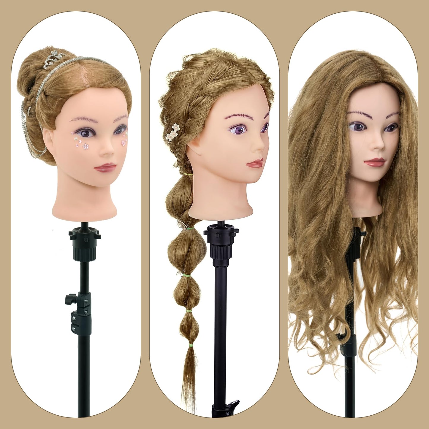 Neverland Hairstyling Head, 28 Inch 60% Real Human Hair Mannequin Head for Hairdressing with Table Clamp + DIY Hair Styling Tools Set (Gold)