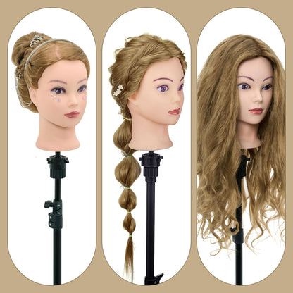 Neverland Hairstyling Head, 28 Inch 60% Real Human Hair Mannequin Head for Hairdressing with Table Clamp + DIY Hair Styling Tools Set (Gold)
