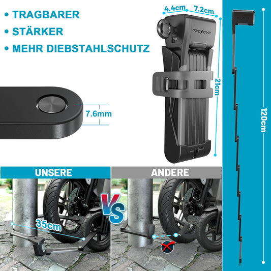TECHCYC bike lock, folding bike lock with 3 keys, theft-proof, sturdy bike lock made of hardened carbon steel, high-security bike lock including bracket (120cm)