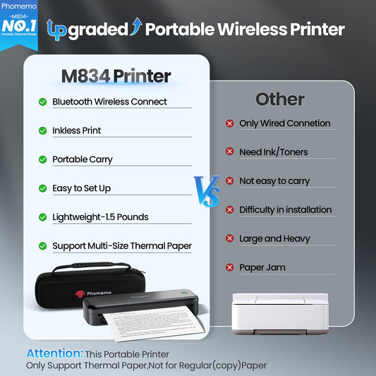 Phomemo M834 Thermal Printer A4, Mobile Printer A4 for on the go, office, school, home, Compatible with smartphones and computers, Portable Printer with carrying case and 4 rolls of thermal paper, Black
