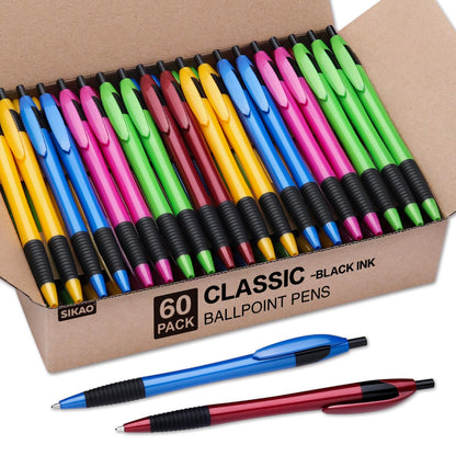 Sikao Grip Slimster Retractable Ballpoint Pen, Bulk Pack Black Ink Medium Point 1.0mm, Push Ballpoint Pens for School and Office, Click Ballpoint Pen (60 Pack)