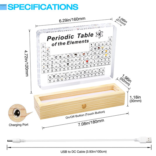 Jeebel Periodic Table of Real Elements, LED acrylic periodic table lamp with 83 real element samples, a great educational tool for crafting and creative gift for students, teachers, and children.