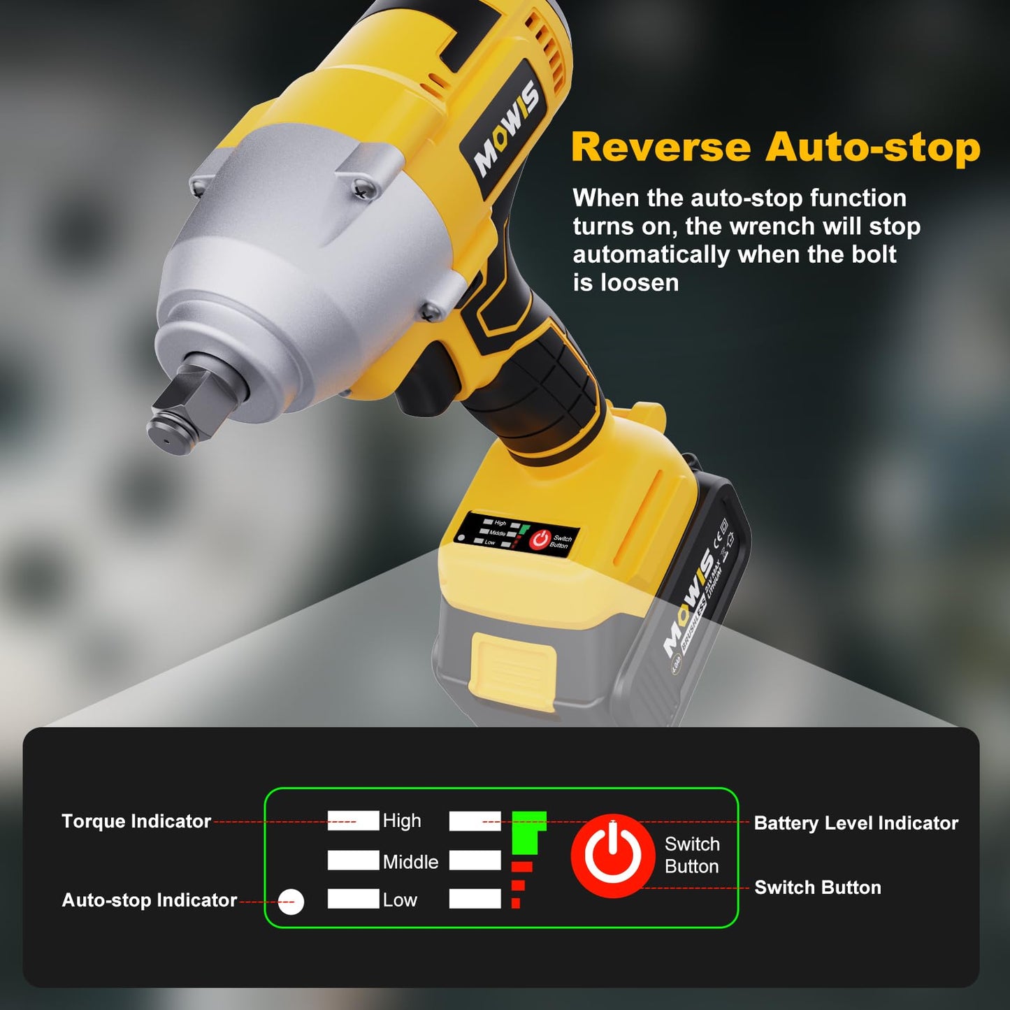 Mowis 700N.m professional 21V cordless impact wrench with 4.0Ah battery, 4800 RPM brushless motor, 3 variable speeds, 4 sockets for automotive and household use.