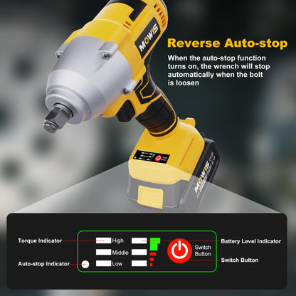 Mowis 700N.m professional 21V cordless impact wrench with 4.0Ah battery, 4800 RPM brushless motor, 3 variable speeds, 4 sockets for automotive and household use.