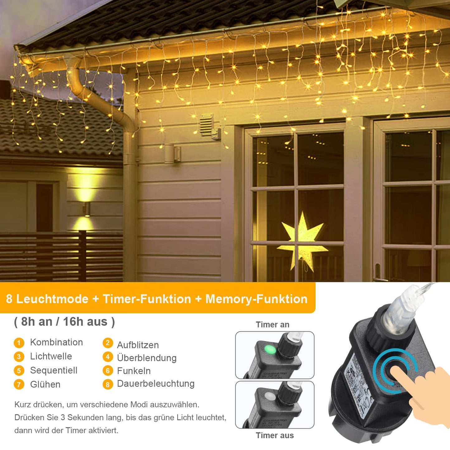 [480 LED] String Lights, 17M 8 Modes Outdoor String Lights with Memory Function for Garden Balcony Christmas Decorations, Waterproof Outdoor/Indoor LED String Lights, Warm White