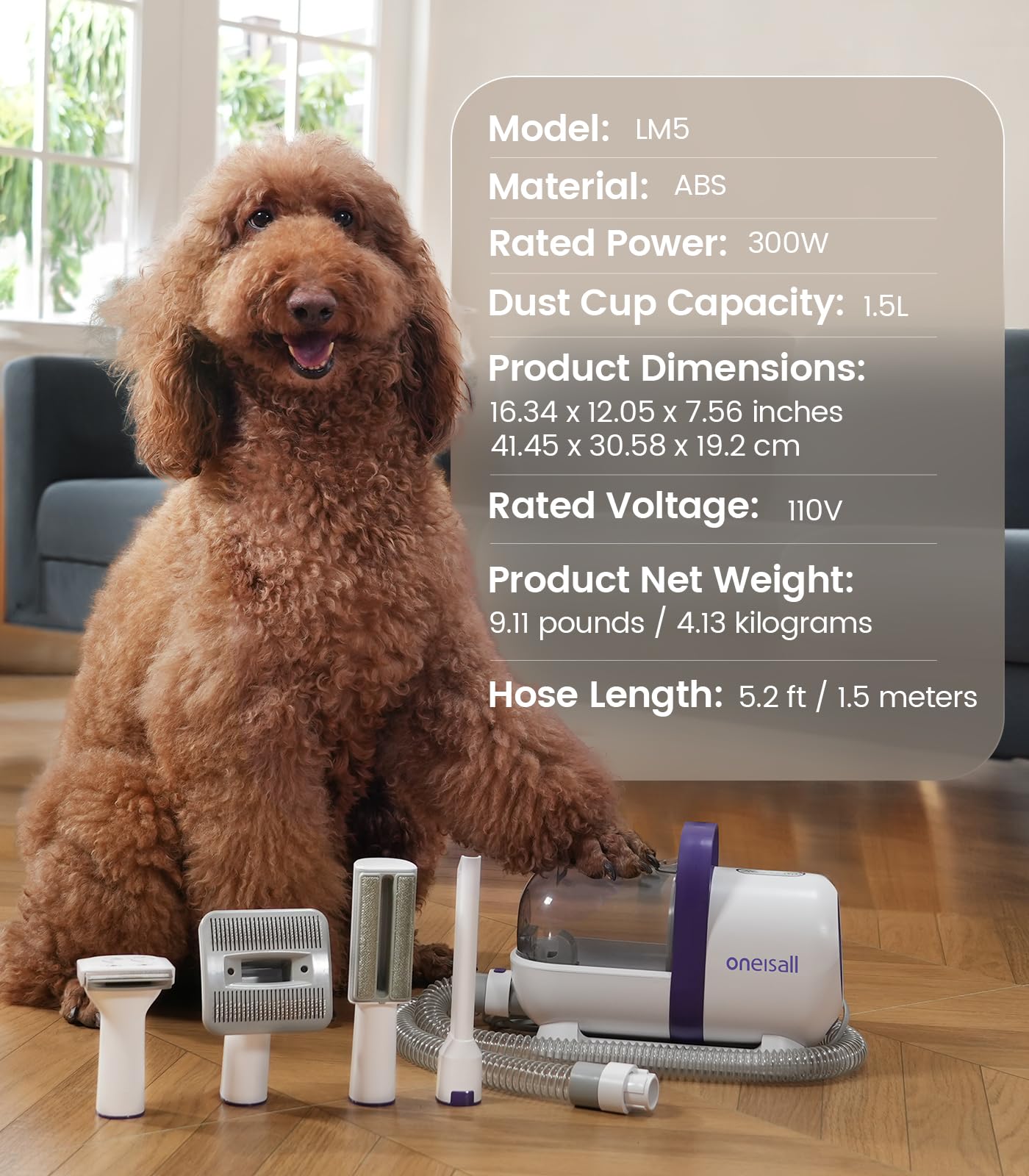 oneisall dog vacuum cleaner with brush, super suction power of 12000Pa, pet hair vacuum cleaner by brush with one button, pet hair remover with 4 grooming tools, 1.5L