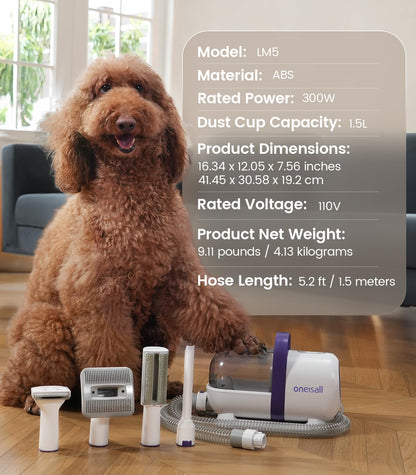 oneisall dog vacuum cleaner with brush, super suction power of 12000Pa, pet hair vacuum cleaner by brush with one button, pet hair remover with 4 grooming tools, 1.5L