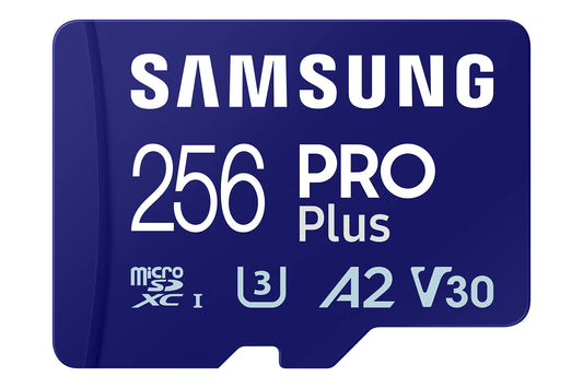Samsung PRO Plus microSD card + SD adapter, 256GB, for mobile gaming on smartphones, tablets, and handheld consoles. UHS-I U3, Full HD & 4K UHD, 180MB/s read, 130MB/s write. Model: MB-MD256SA/EU.