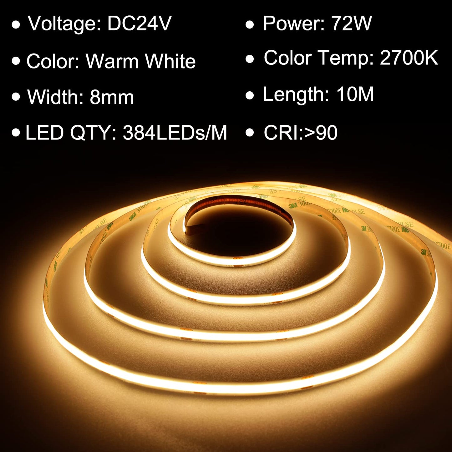 TTWAY COB LED Strip 10M, 2700K Warm White LED Strip Lights with 384LEDs/M, CRI 93+, DC24V, 8mm Cob Connector, Uniform Light, LED Strip for Bedroom Decoration (Power Supply Not Included)