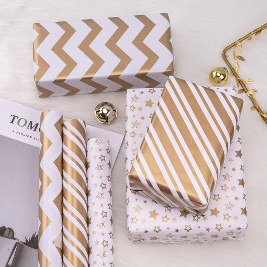 RUSPEPA Gift Wrap Roll - Mini Roll - 43.2 cm x 3.05 m per roll - 3 Different Gold Print Designs (42.5 Sq.Ft. Total)
