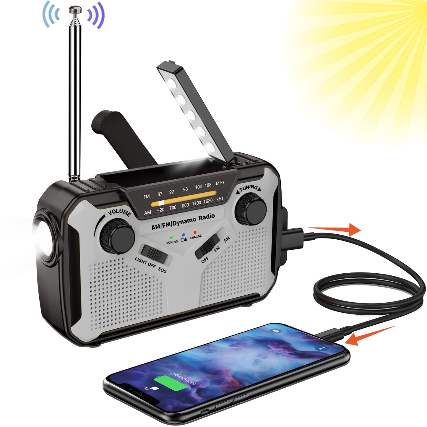 Solar radio, AM/FM portable crank radio dynamo emergency radio with 4000mAh rechargeable battery, LED flashlight, SOS alarm for camping, outdoor, emergency (Grey)