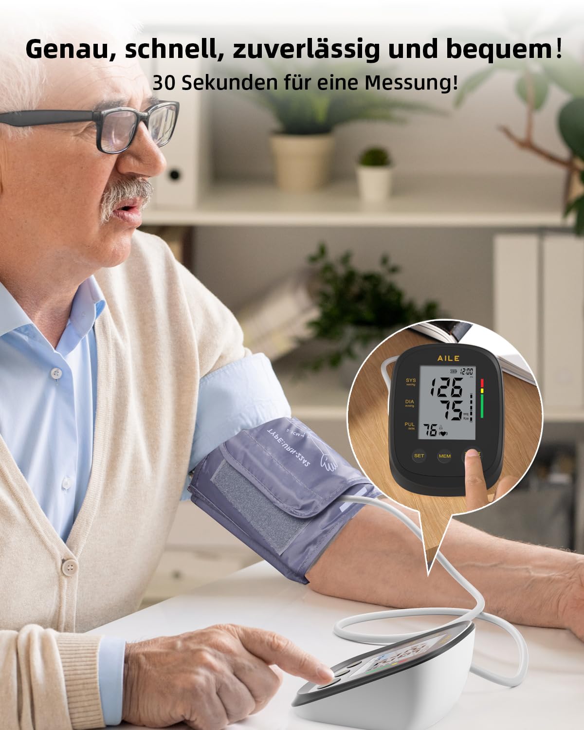 AILE home use blood pressure monitor, upper arm blood pressure monitor, fully automatic, with large cuff (22-42cm), 2 * 99 memory, easy to use