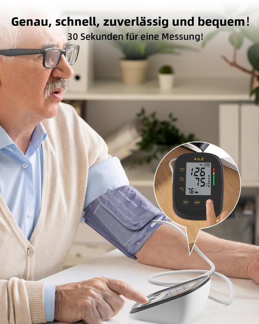AILE home use blood pressure monitor, upper arm blood pressure monitor, fully automatic, with large cuff (22-42cm), 2 * 99 memory, easy to use