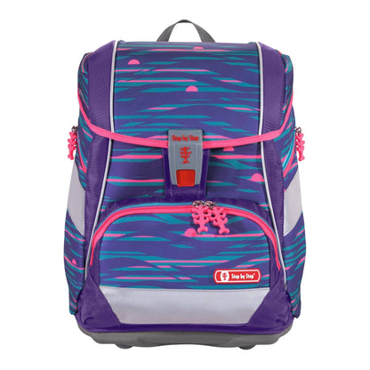 Step by Step School Bag Set 2IN1 Plus Reflect "Shiny Dolphins" 6-piece, purple-blue, dolphin design, ergonomic backpack with reflectors, adjustable height with hip belt for 1st grade girls, 19L.