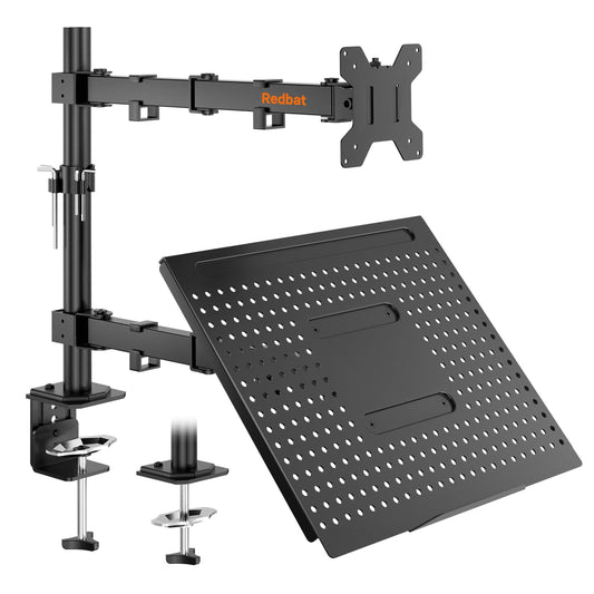 Redbat Monitor Arm with Laptop Tray, Dual Screens, Fully Adjustable for 13 to 32 inch LCD LED Monitor up to 8kg & Notebook up to 16 inch, Tilt, Swivel & Rotate, 2 Mounting Options