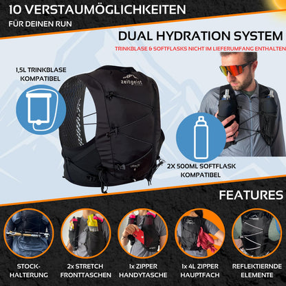zeitgeist OUTDOOR® running vest for women and men 4L | optimal fit | breathable | ultra-light running backpack 210gr hydration pack running cycling backpack trail running backpack - (XS/S, black)