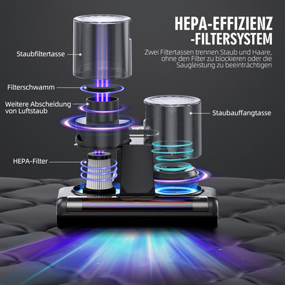 JPHYLL dust mite vacuum cleaner for mattresses with 253.7nm UV light, 16Kpa suction power, brush roller knocking, HEPA filter, ultrasonic technology, hot air, wide suction opening, black.