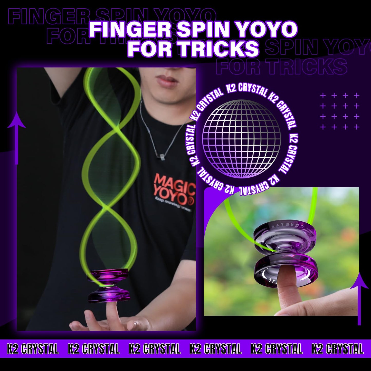 MAGICYOYO Crystal Yoyo K2, professional yo-yo for responsive and unresponsive play, with ball bearing and axle for tricks. Great for kids and beginners, comes with 12 strings, case, and accessories (Black Purple).
