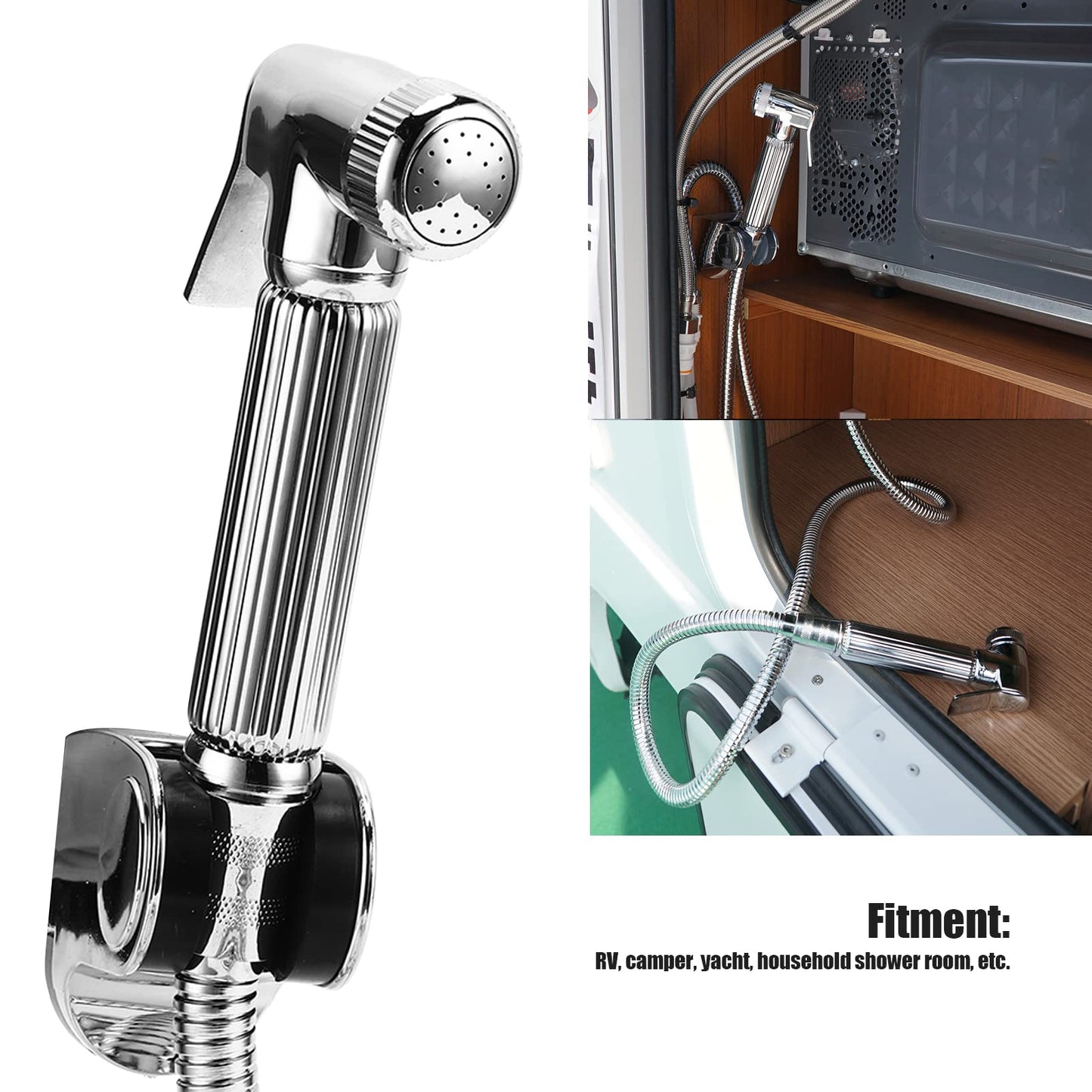 RV Shower Head Kit, water-saving high-pressure shower head with waterproof copper camping shower, 1.5m hose, and bracket for caravan yacht camper.