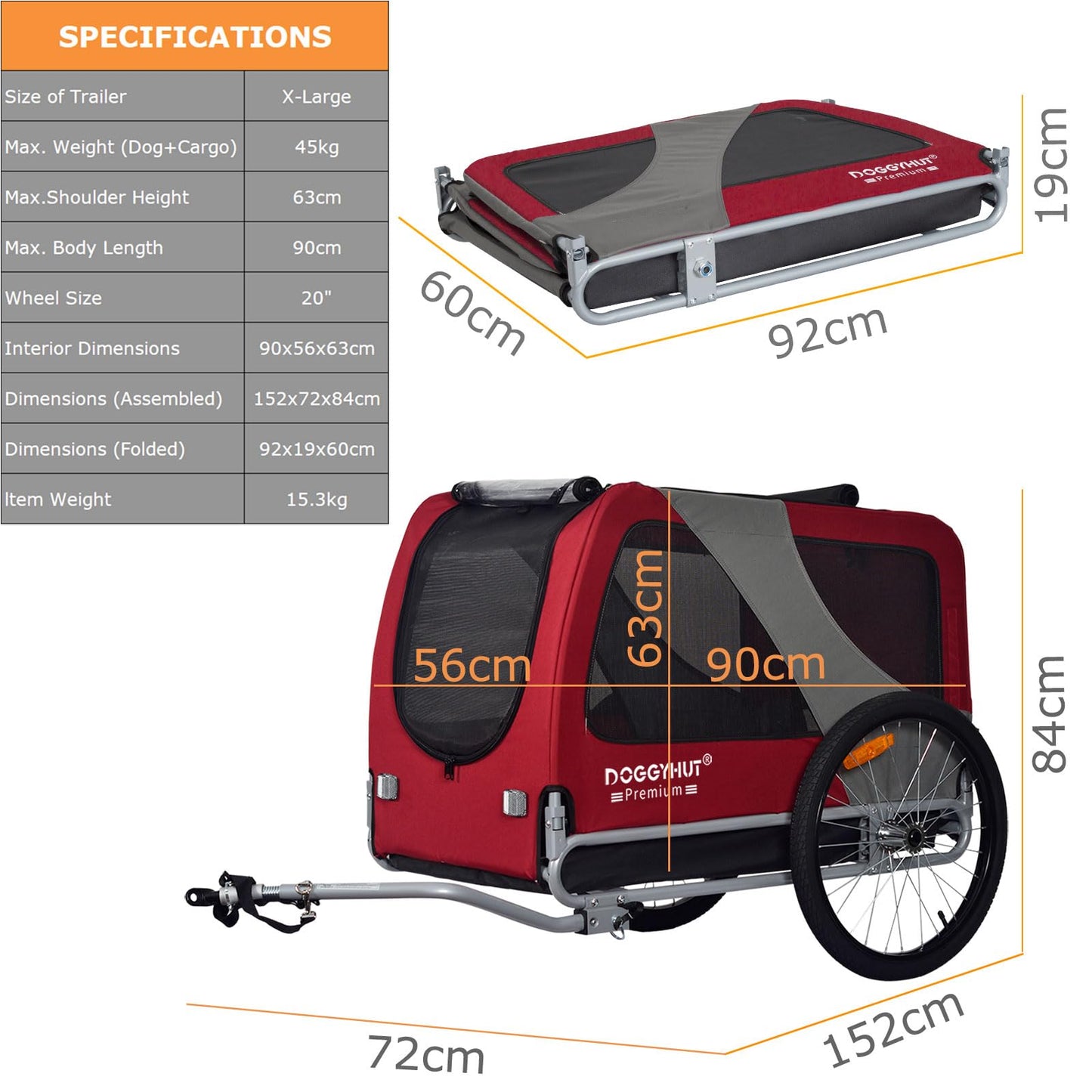 DOGGYHUT® Premium XL Dog Bike Trailer up to 45 kg Bike trailer for dogs Dog trailer for bicycles large dogs 80103 (RED/BLACK)