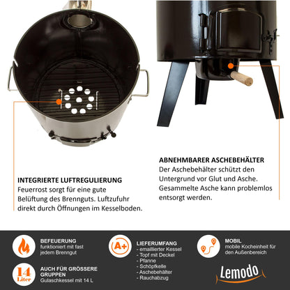 NATIVE Goulash cannon | Goulash kettle with 14 L | One-pot stove for cooking without electricity and gas | Rocket stove for crisis preparedness | Wood stove with extensive cooking accessories