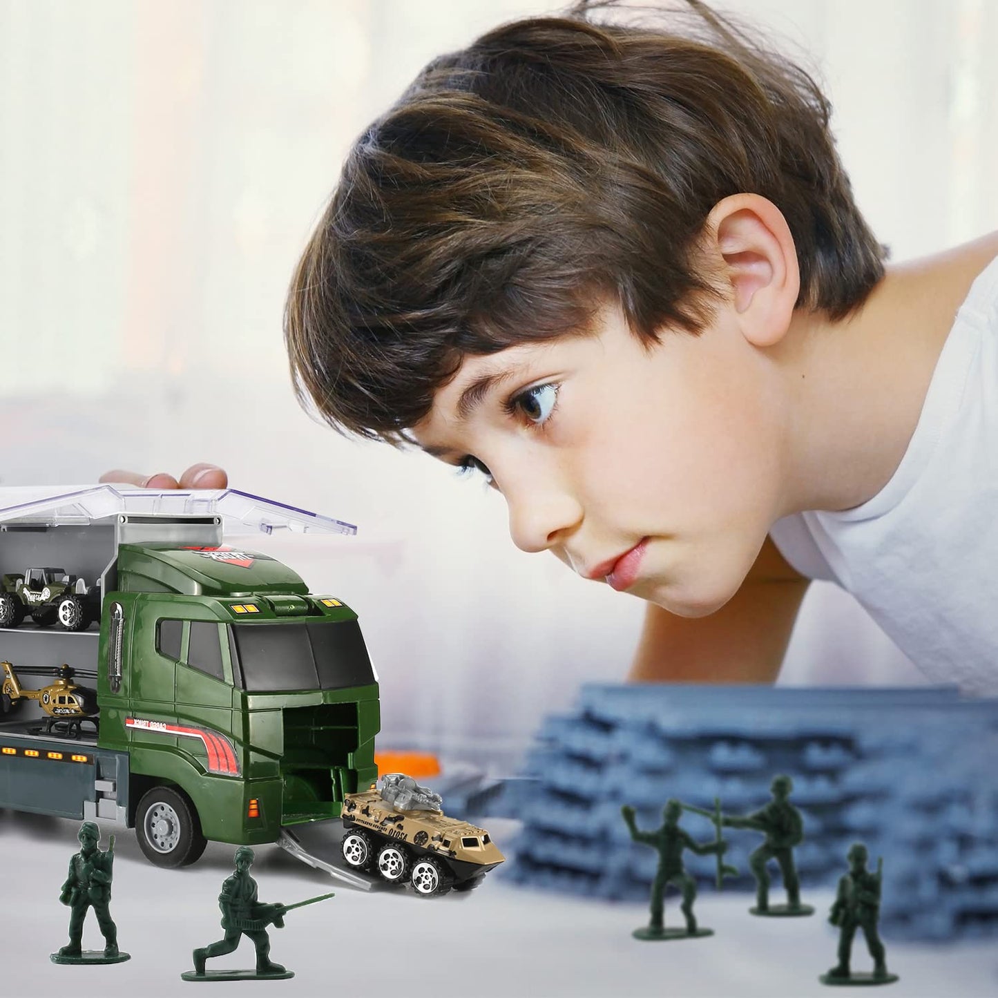 SWUNXION 26 in 1 Military Cars + Transport Vehicle Set, Military Vehicles Soldiers Die-cast Models, Toy Cars Storage in Truck, Army Vehicles Toys for Kids Girls Boys.