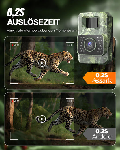 Assark trail camera with phone transmission app, 48MP 30fps WIFI solar trail camera with motion sensor night vision, rechargeable 2000mAh lithium battery, 0.2s trigger, IP66 waterproof.
