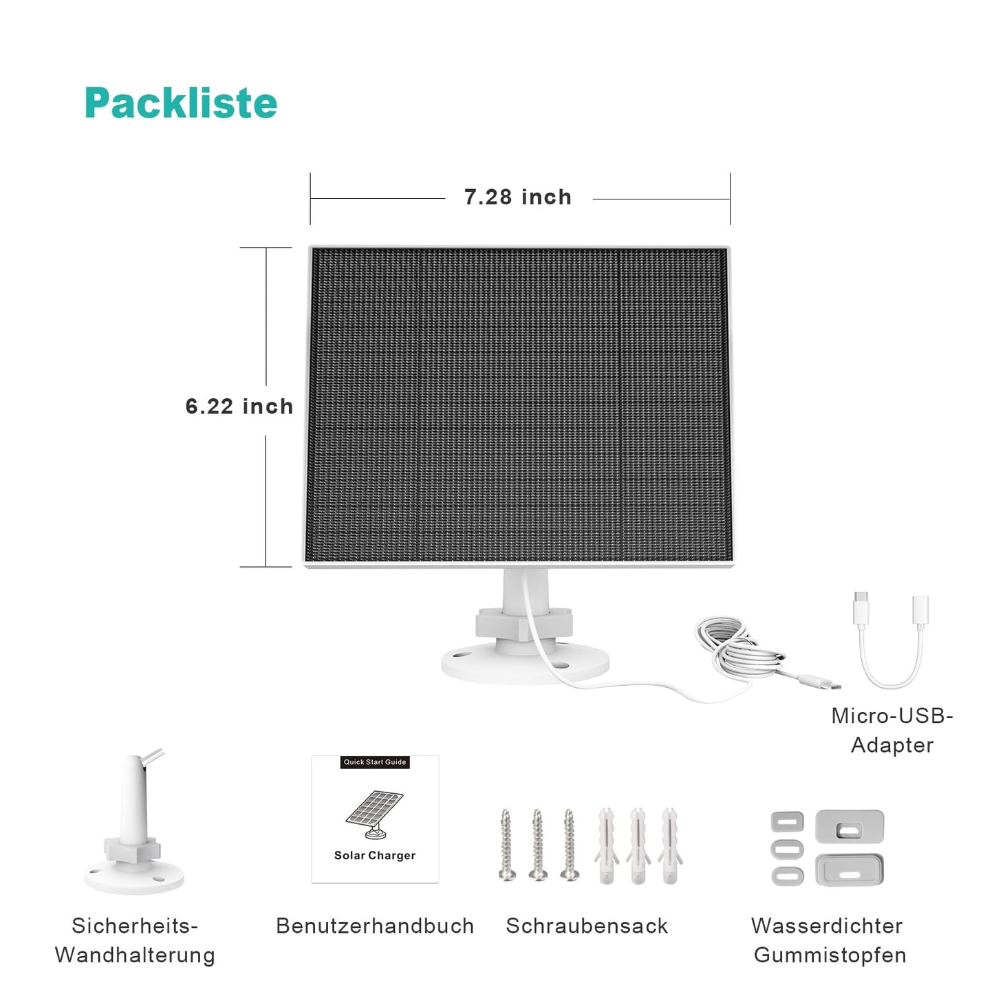 Solar panel for Eufy camera, 5W solar panel compatible with Eufycam 3/3C/2/2 Pro/2C/2C Pro/E/E20/E40/L20/L40. Features 5V output with USB-C connection, micro USB adapter, and IP65 waterproof rating.