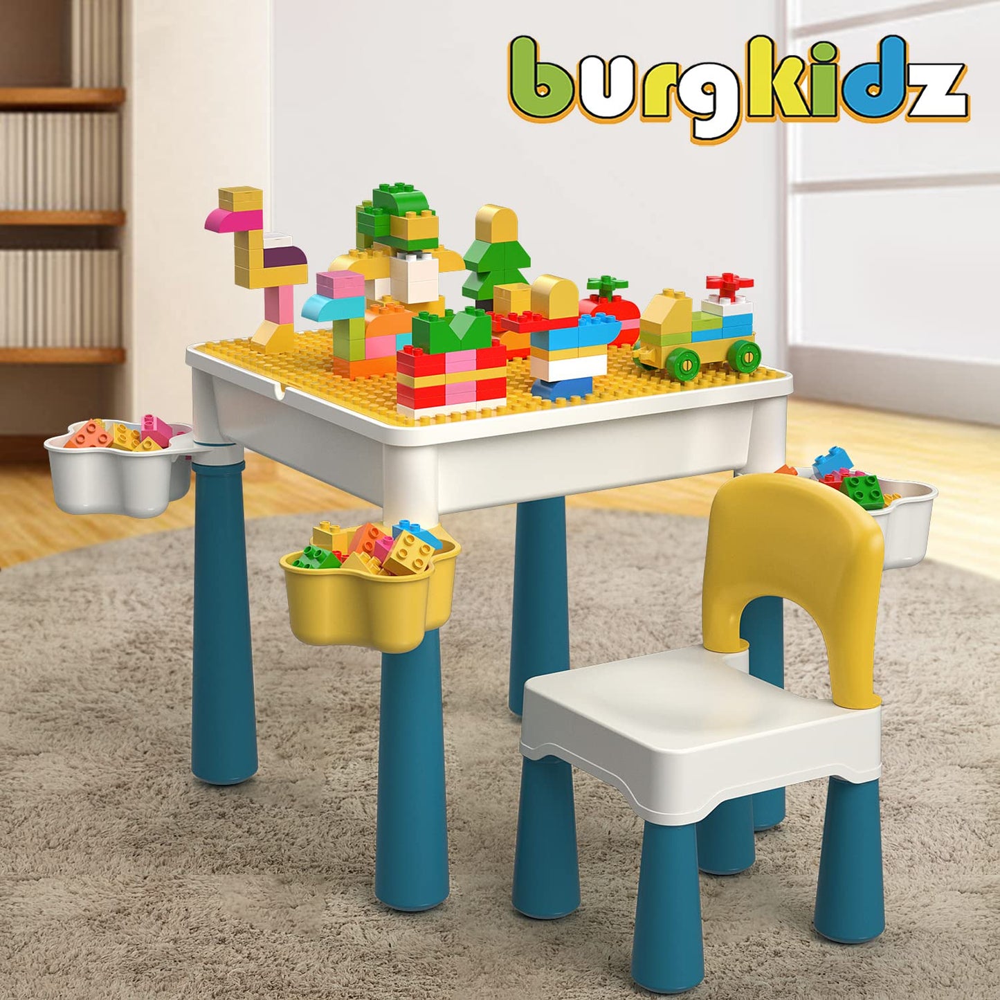 burgkidz Kids Table with Chairs, Children's Play Table with 1 Chair and 130 Large Building Blocks, Creative Construction Toy for Boys and Girls from 2 Years, Macaron.