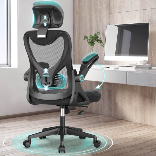 BareTay Office Chair Ergonomic Desk Chair with Lumbar Support Headrest Adjustable Padded Flip-up Armrests Comfortable Seat Cushion Mesh Office Chair High-back Task Chair
