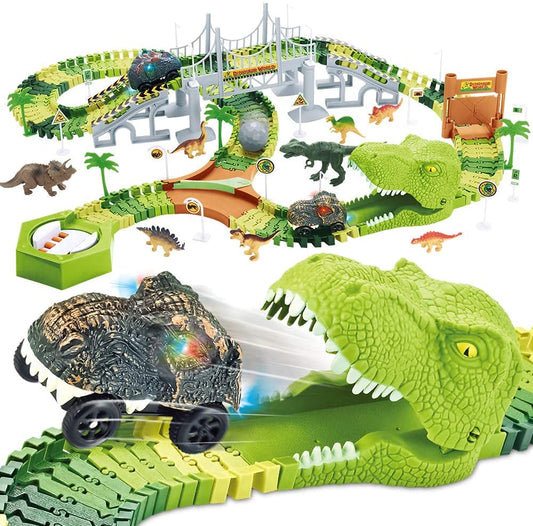 174-Piece Race Track Toys Flexible Train Tracks with 8 Dinosaur Figures, 2 Electric Race Car Vehicles Playset with Lights World Racing for Toddlers, Kids, Boys