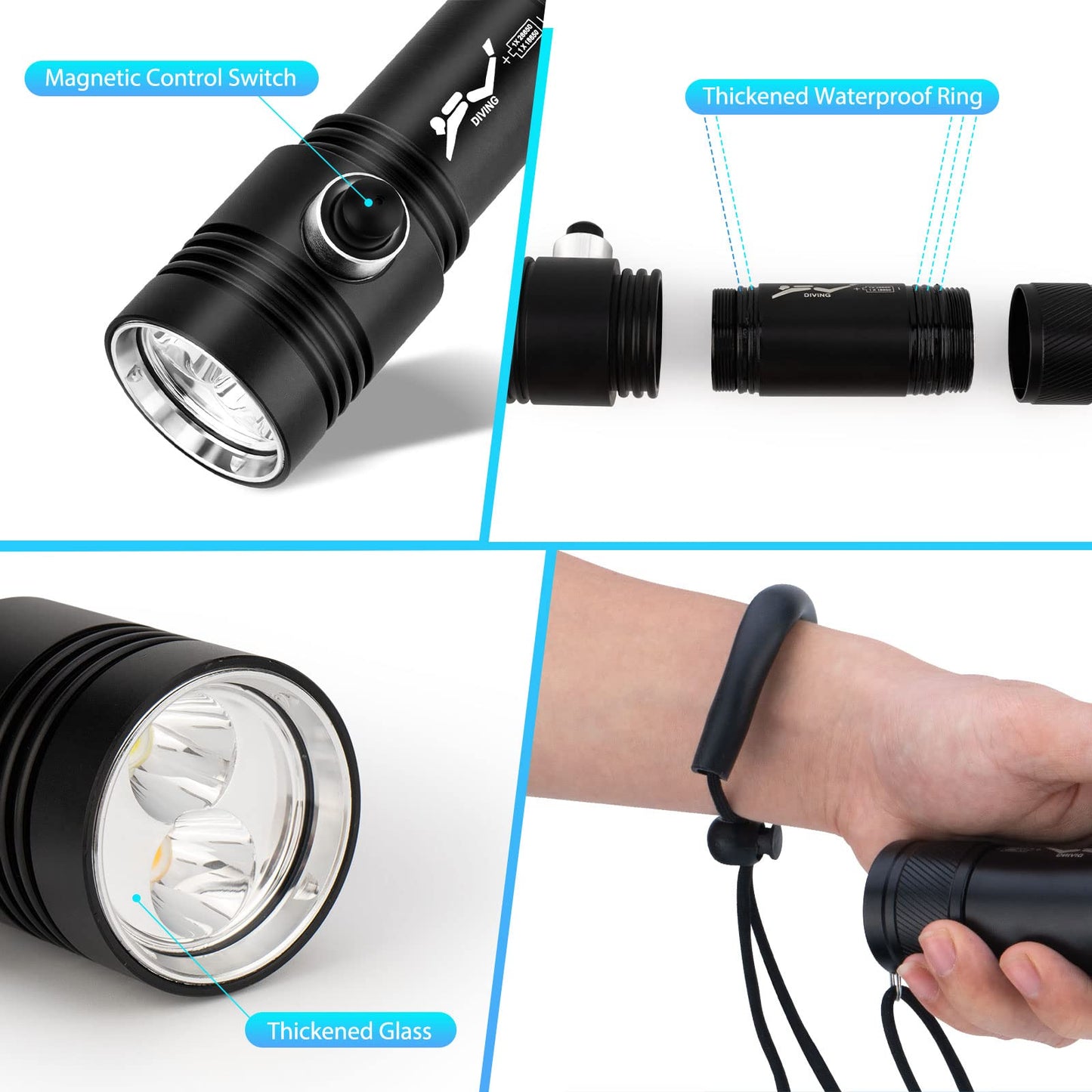 Kriogor 2600 Lumens Diving Flashlight, Underwater Submarine Light with 2 Modes, IPX7 Waterproof LED Dive Torch for Underwater, Outdoor (Battery not included)