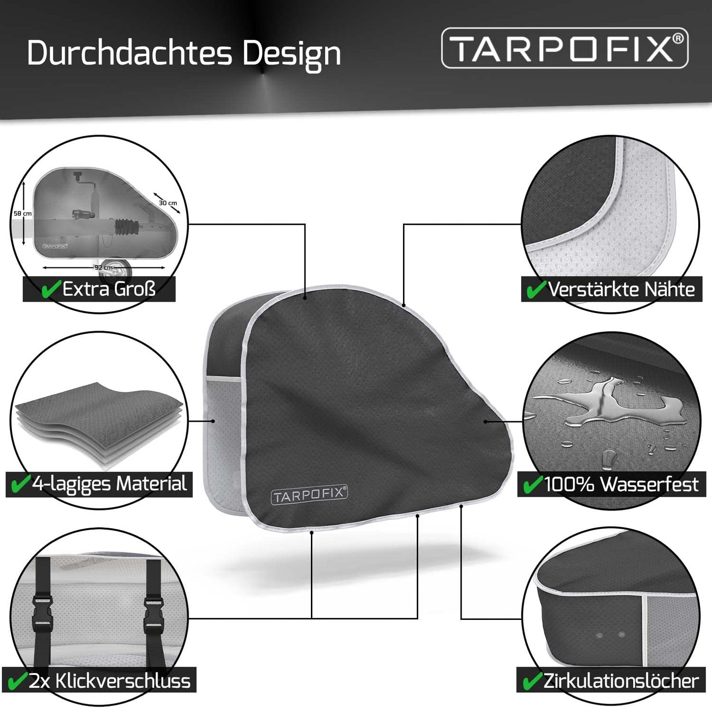 Tarpofix® hitch cover for caravans | Trailer hitch cover with double-click fastener | Trailer coupling cover waterproof | Universal cover for trailer hitch | Hitch protection cover for vehicles