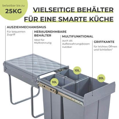 [en.casa] Built-in waste bin Froland waste bin 3 compartments waste separation system extendable trash can kitchen 2x10L+1x20L removable containers 48 x 34 x 42 cm kitchen waste bin Gray