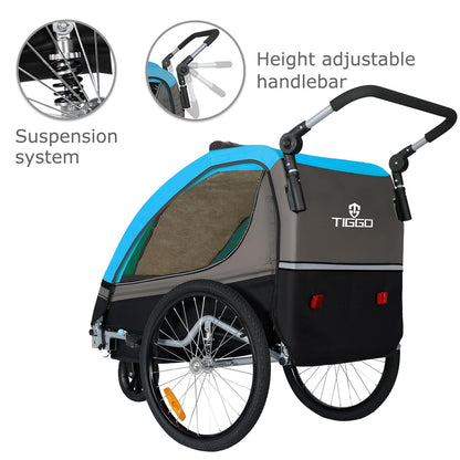 Tiggo S2 child trailer with suspension – also converts to a jogger – versatile 2 in 1 buggy and bike trailer with 360° swivel.