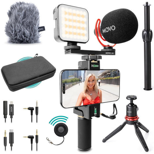 Movo iVlogger-PRO Vlogging Kit for iPhone/Android - YouTube Starter Kit for Content Creators - Accessories: Phone Tripod, Phone Mount, RGB Light, and VXR10 Shotgun Microphone.