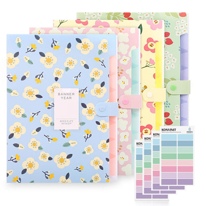 KONVINIT A4 expanding file with 7 compartments. Floral document organizer for home, school, and work trips. Large capacity. Set of 4.
