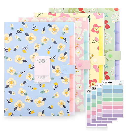 KONVINIT A4 expanding file with 7 compartments. Floral document organizer for home, school, and work trips. Large capacity. Set of 4.