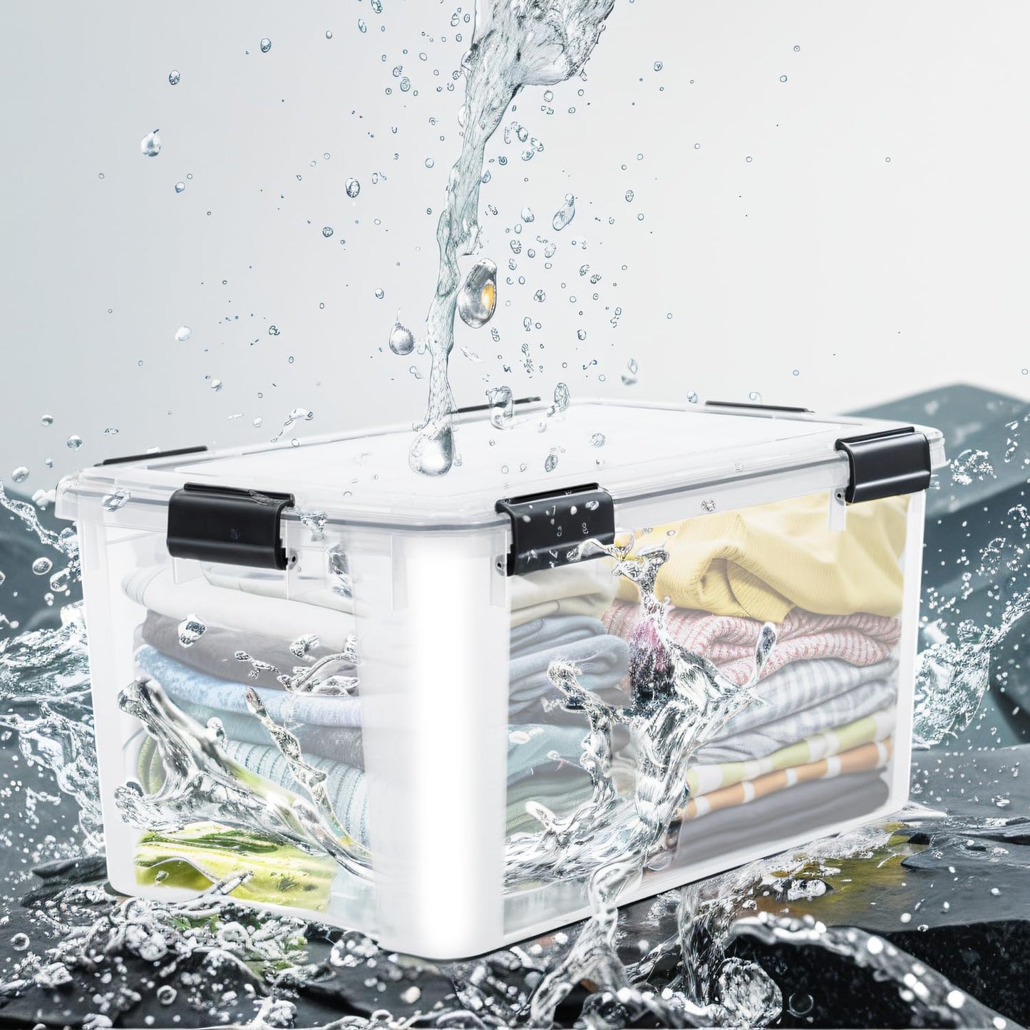 Iris Ohyama airtight plastic storage boxes with lid, 50L, 2-pack, Transparent, Hermetic watertight seal, Durable snap closures, Stackable, Dust protection, BPA-free, AT-L